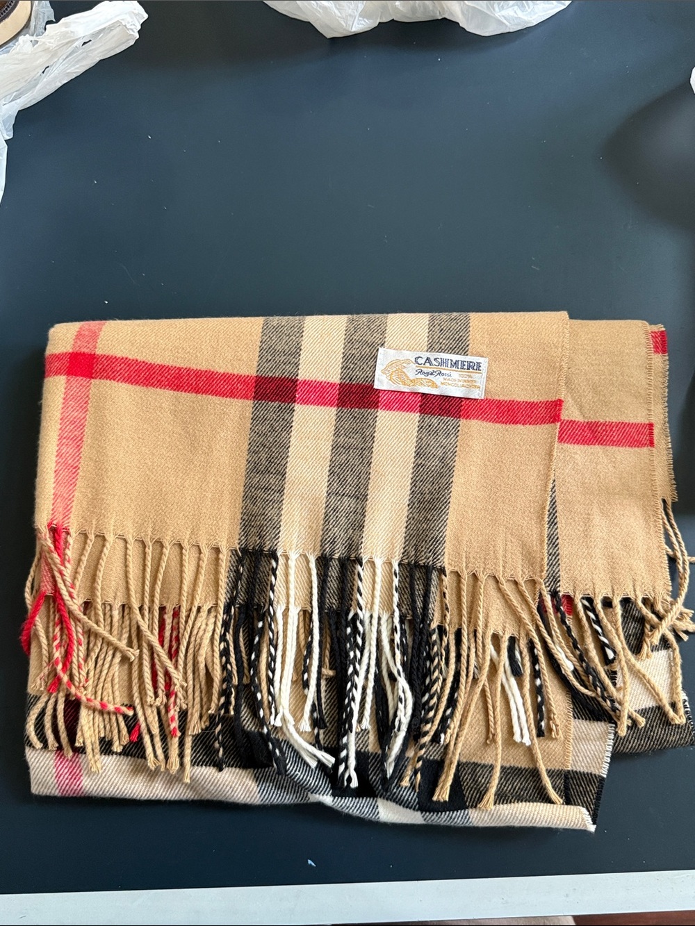 Classic Plaid 100% Cashmere Scarf in Camel, Black & Red